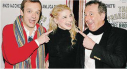 Gianluca Guidi, Simona Samarelli e Enzo Iacchetti alla conferenza stampa di "The Producers" a Roma