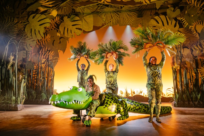 Roald Dahl's THE ENORMOUS CROCODILE THE MUSICAL. Jordan Eskeisa, Chelsea Da Silva (The Enormous Crocodile), Marienella Phillips and Precious Abimbola. Photo by Danny Kaan