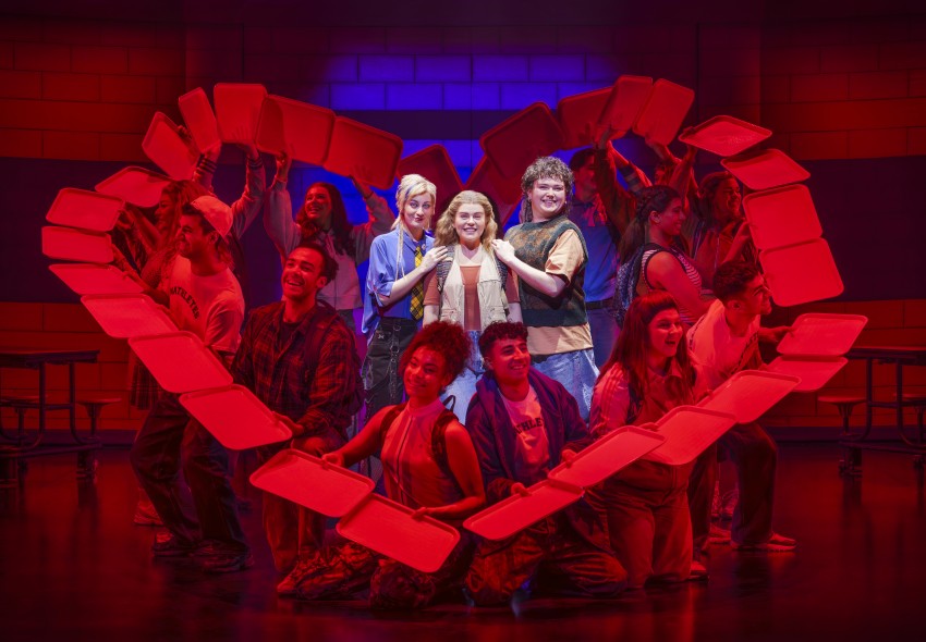 7. MEAN GIRLS THE MUSICAL. Georgie Buckland (Janis Sarkisian), Emily Lane (Cady Heron), Max Gill (Damian Hubbard) and Company. Photo by Paul Coltas
